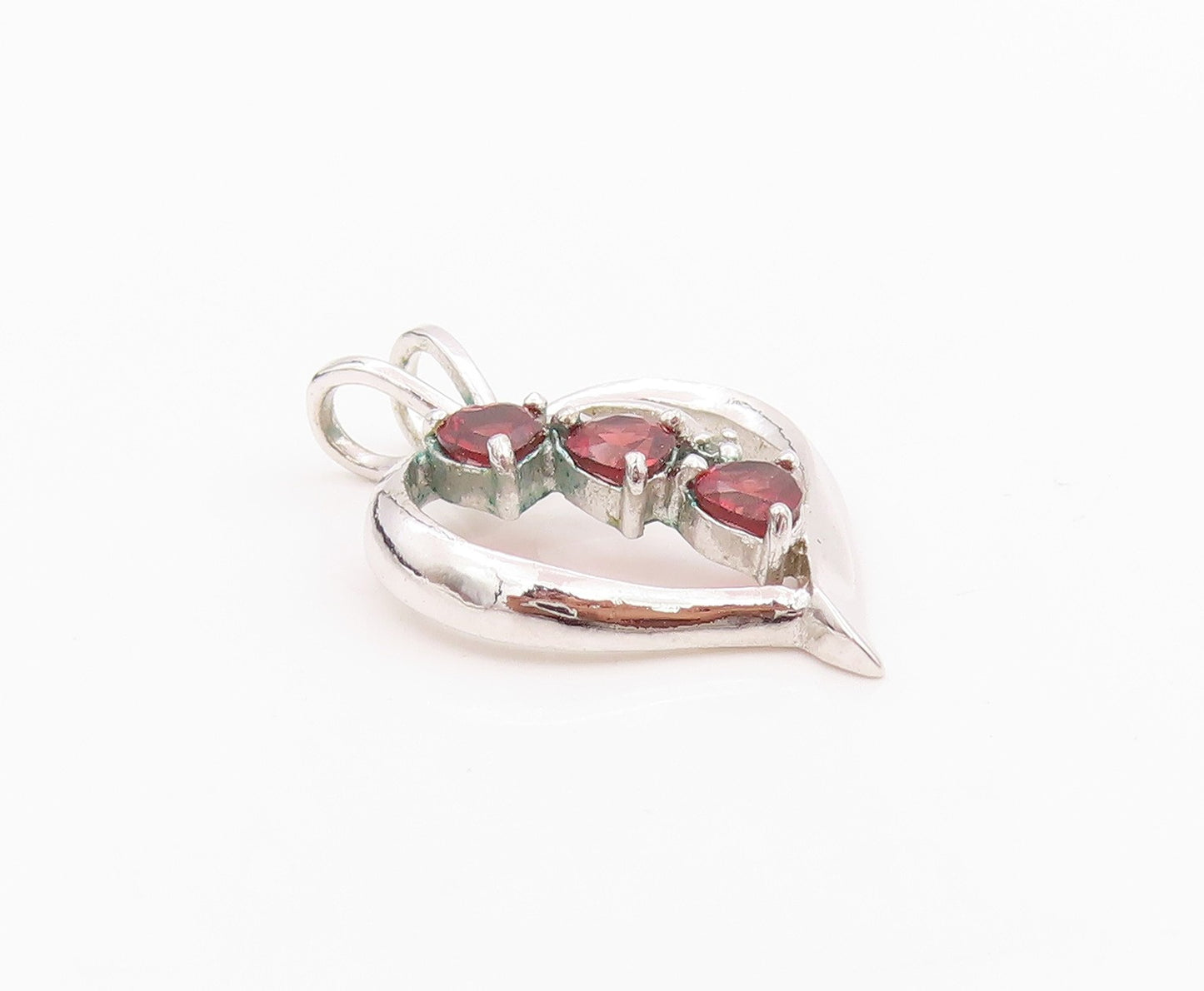 925 Sterling Silver Vintage Pendant Designer Cutout Garnet Heart  PT24562
