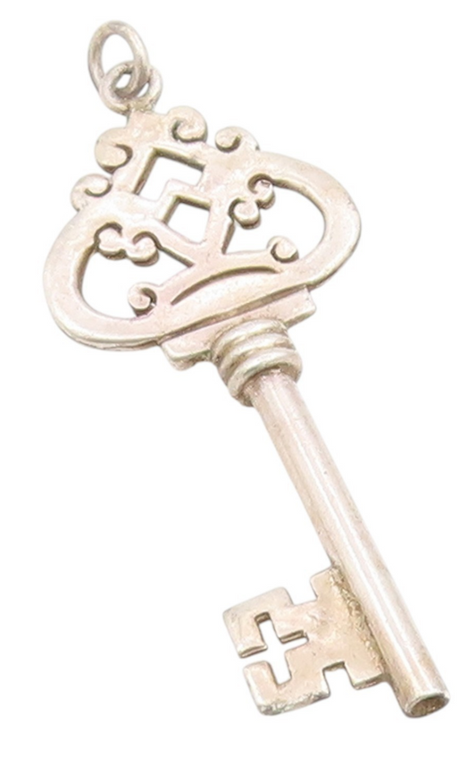 925 Sterling Silver Vintage Pendant Large Cutout Crown Key Design Charm  PT25617