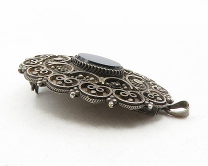 ISRAEL 925 Silver  Vintage Black Onyx Floral Swirl Pattern Brooch Pin  BP4547