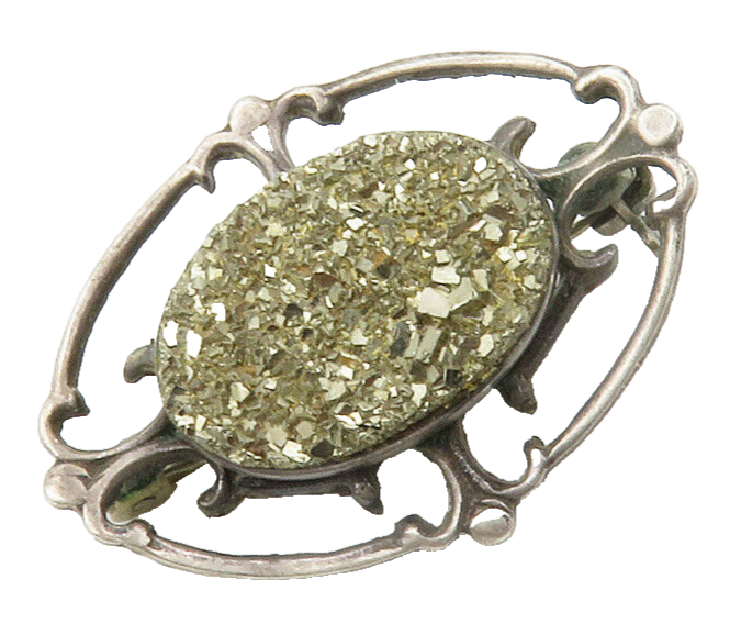 925 Sterling Silver  Vintage Metallic Druzy Stone Oval Brooch Pin  BP5264