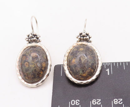 925 Sterling Silver Vintage Earrings Beaded Top Oval Fossil Agate  EG13113