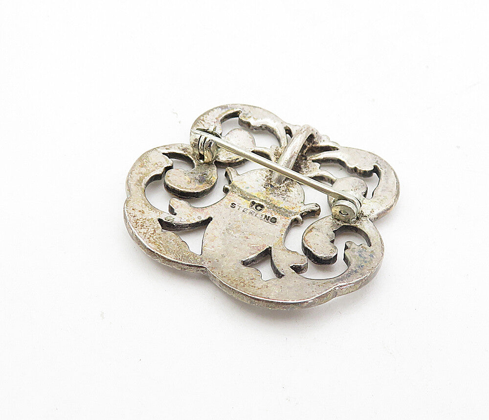 925 Sterling Silver  Vintage Dark Tone Etched Face Swirl Brooch Pin  BP2992