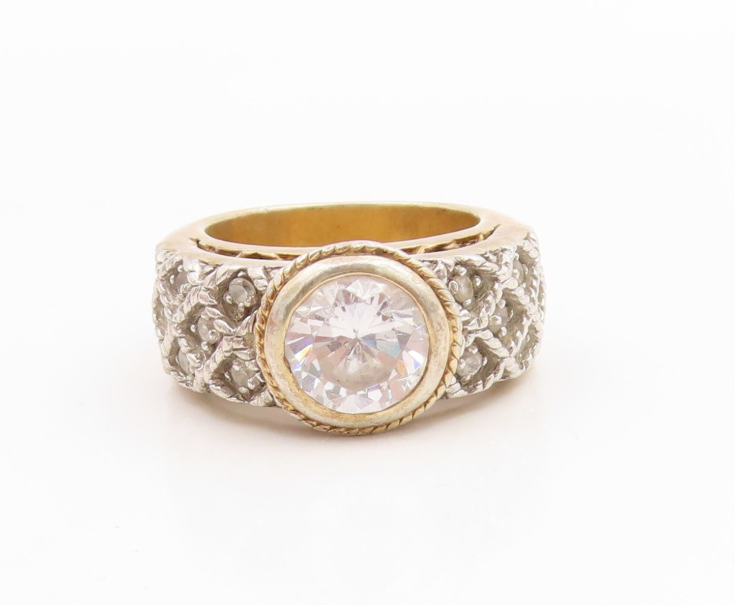 925 Sterling Silver Vintage Ring Gold Plated Round CZ Woven Band  Sz 7  RG35912
