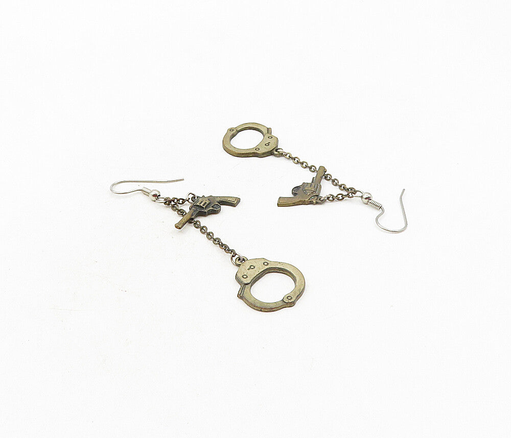 925 Sterling Silver  Vintage Dark Tone Gun & Handcuffs Dangle Earrings  EG4713