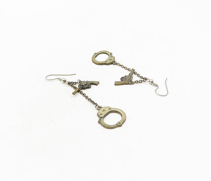 925 Sterling Silver  Vintage Dark Tone Gun & Handcuffs Dangle Earrings  EG4713