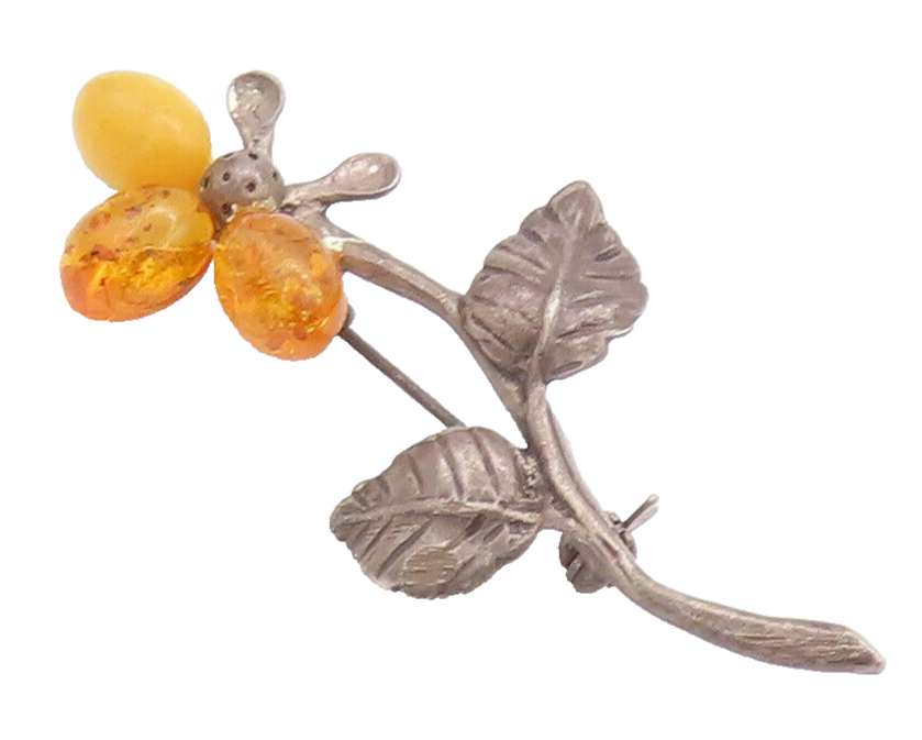 925 Sterling Silver Vintage Brooch Pin POLAND Amber Leaves Carved Flower BP10681