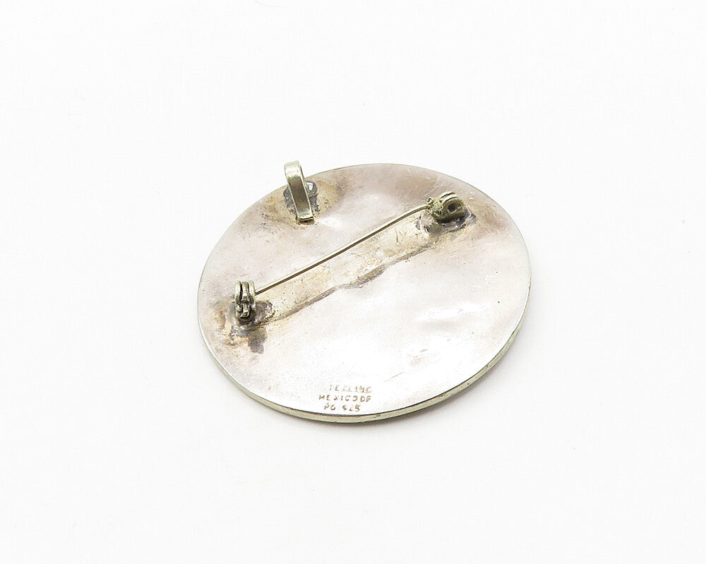 MEXICO 925 Silver  Vintage Shiny Mayan Aztec Sun Calendar Brooch Pin  BP7752