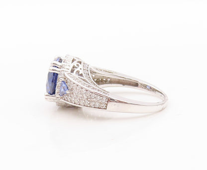 925 Sterling Silver Vintage Ring Designer Sapphire & CZ Inlay  Sz 7.5  RG30216