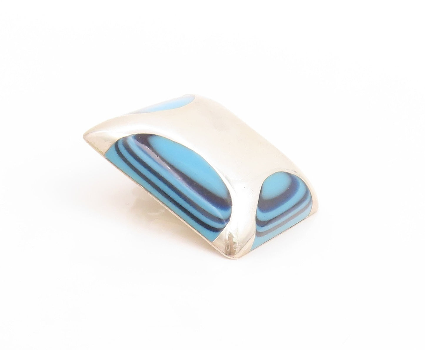 925 Sterling Silver Vintage Earrings MEXICO Blue Agate Geometric Clip On EG14039