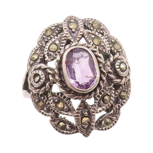 925 Sterling Silver Vintage Ring Floral Work Amethyst & Marcasite  Sz 6  RG33090