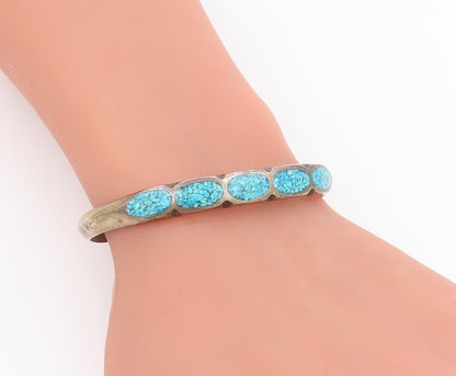 925 Sterling Silver Vintage Bracelet NAVAJO ZUNI Crushed Turquoise Inlay BT11618