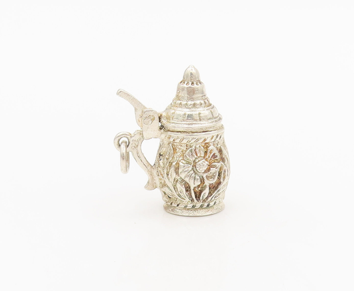 925 Silver  Vintage Floral Carved Water Jug Charm Pendant (OPENS)  PT22330
