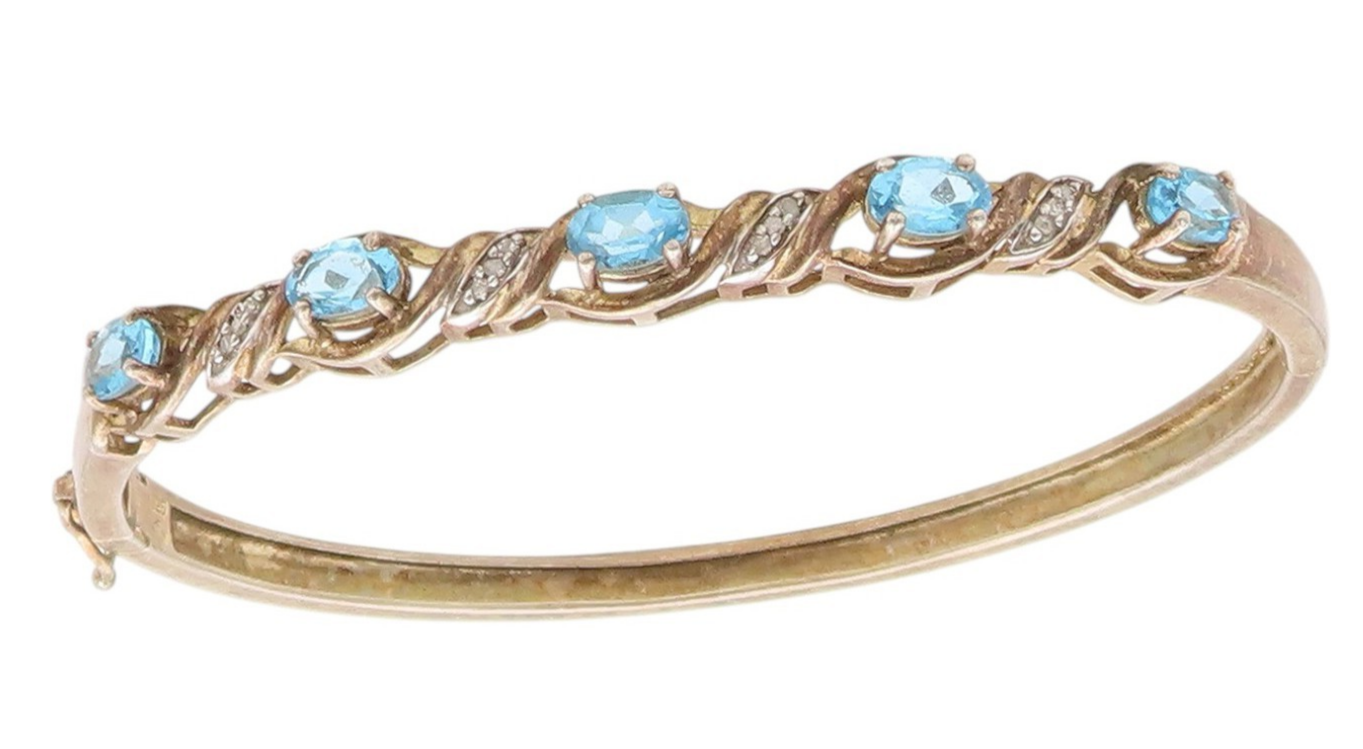 925 Sterling Silver Vintage Bracelet Swirly Diamonds & Oval Topaz Bangle BT11350