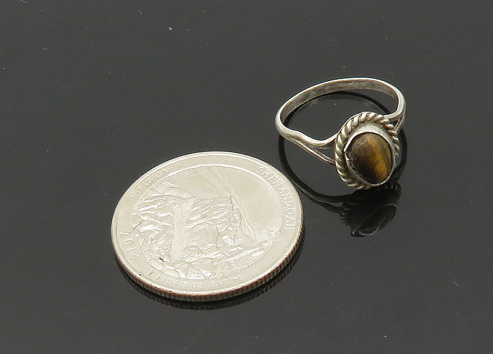 925 Silver  Vintage Cabochon Tiger's Eye Petite Band Ring Sz 4.5  RG20939