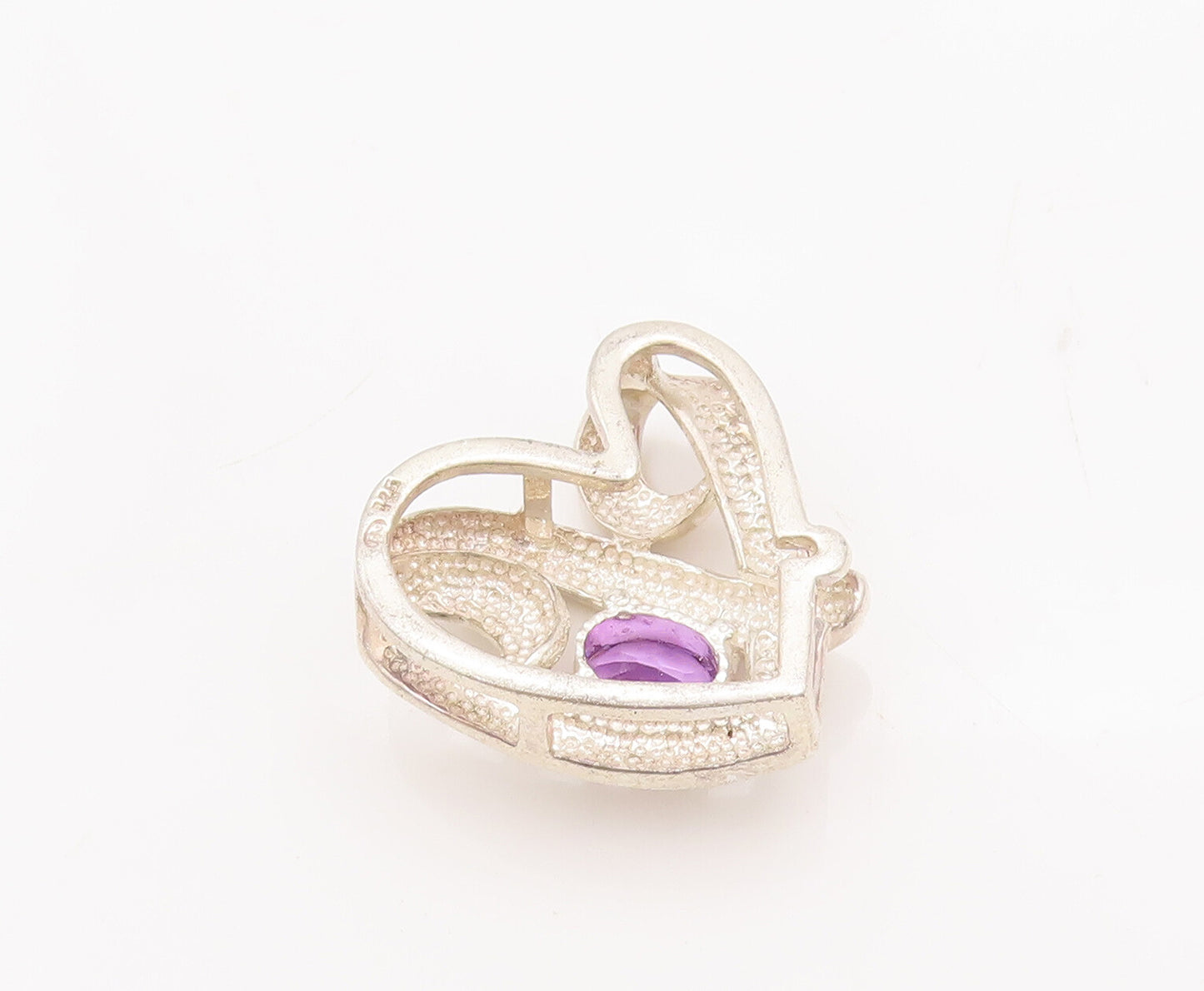 925 Sterling Silver Vintage Pendant Swirled Carved Amethyst Love Heart  PT23069