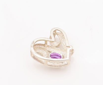 925 Sterling Silver Vintage Pendant Swirled Carved Amethyst Love Heart  PT23069