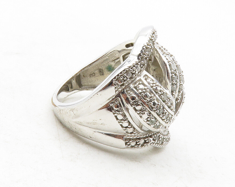 925 Sterling Silver  Genuine Diamonds Twist Knot Cocktail Ring Sz 7  RG12484