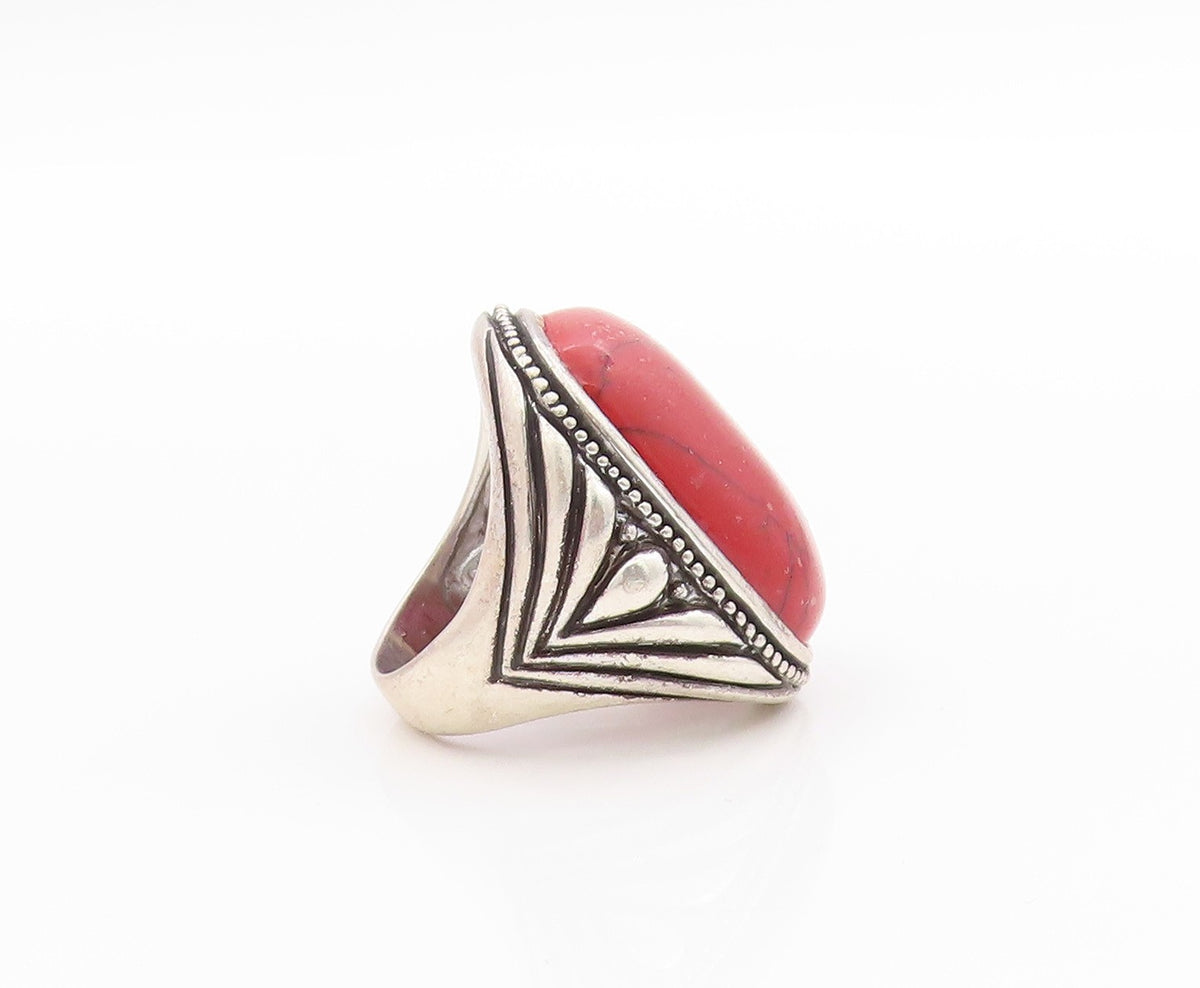 925 Sterling Silver Vintage Ring Cabochon Gemstone Etched Design  Sz 6  RG33439