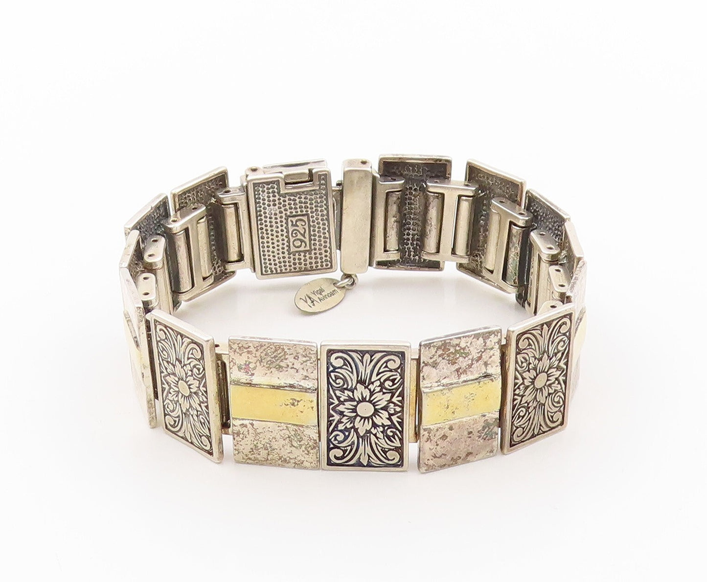 14k Gold 925 Sterling Silver Vintage Bracelet ISRAEL Floral Design  BT11044