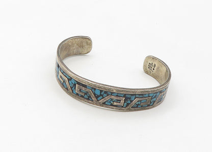 MEXICO 925 Sterling Silver  Vintage Turquoise Mosaic Cuff Bracelet  BT8573