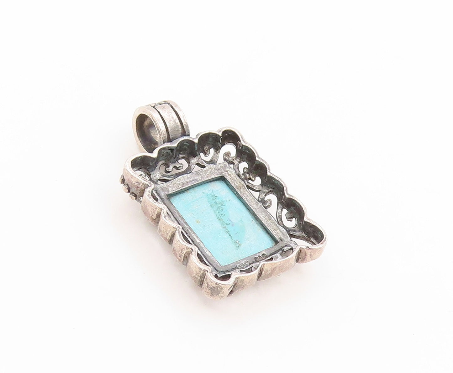 925 Sterling Silver Vintage Pendant Blue Turquoise Rectangle Scrollwork  PT25827