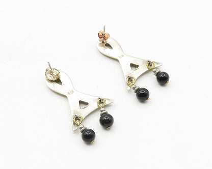 925 Sterling Silver  Vintage Black Onyx Ball Bead Dangle Earrings  EG5417