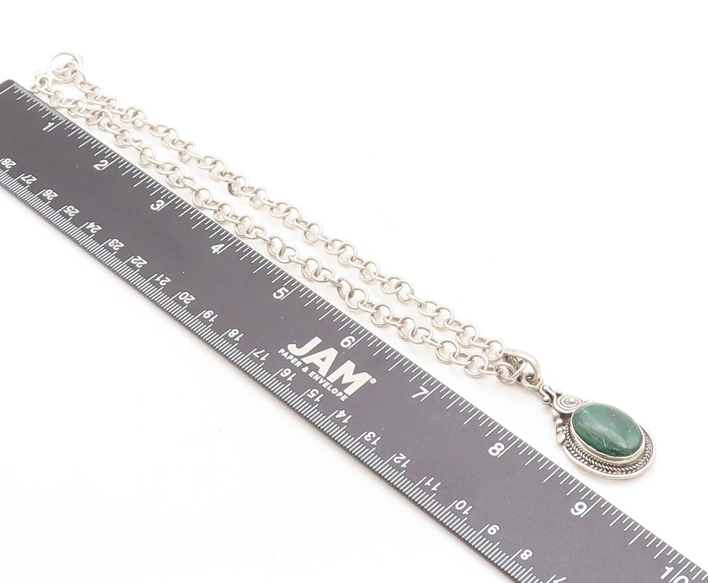 925 Sterling Silver Vintage Cabochon Cut Malachite Chain Necklace NE1460