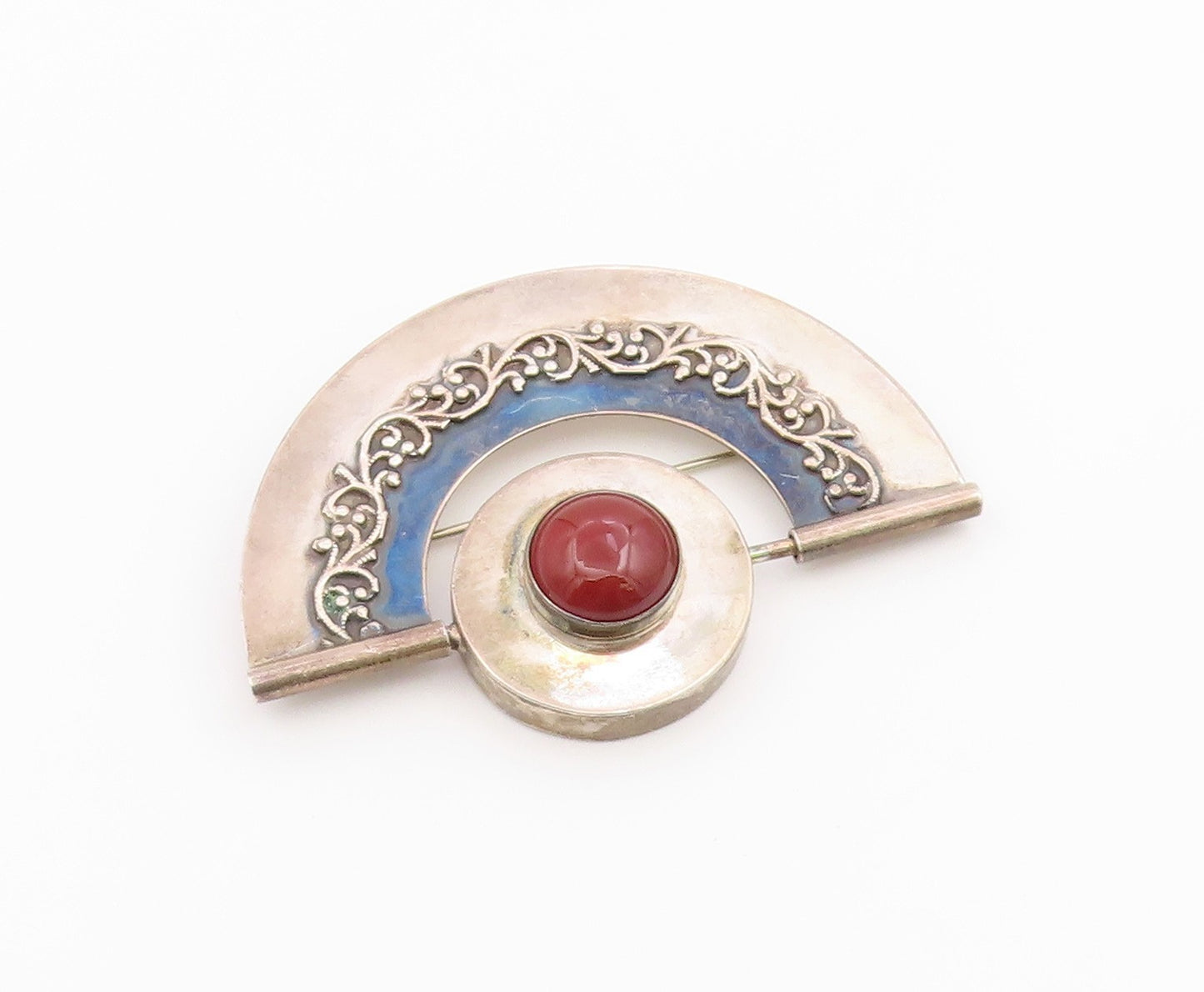 925 Sterling Silver Vintage Brooch Pin Cabochon Carnelian Filigree  BP12591