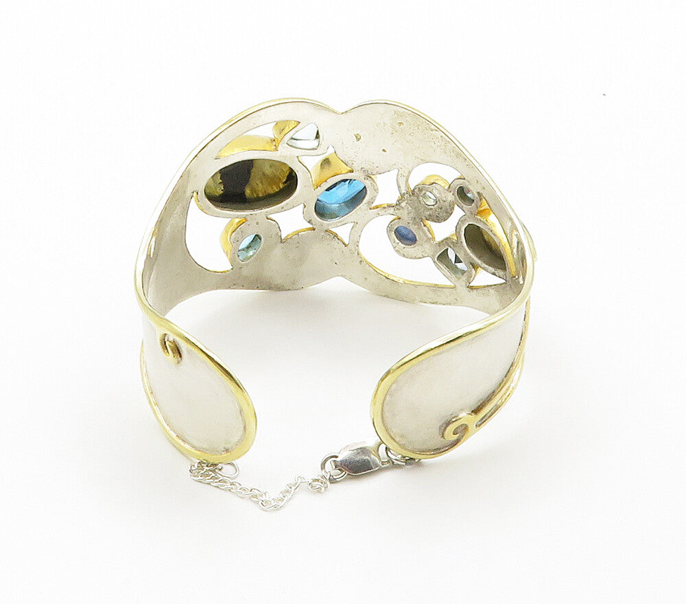 DESIGNER 925 Silver  Labradorite & Blue Topaz Two Tone Cuff Bracelet  BT6349