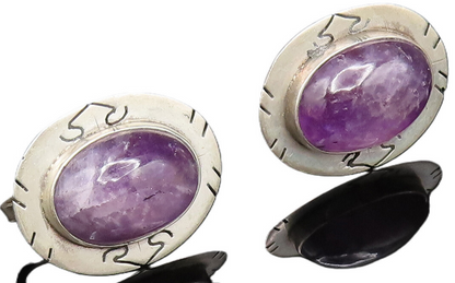 CASTILLO 925 Silver  Vintage Etched Frame Amethyst Screw Back Earrings EG12190
