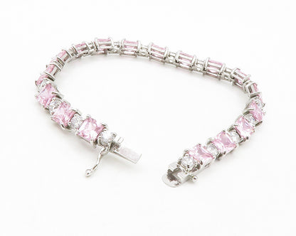 925 Sterling Silver  Pink & White Topaz Shiny Hinge Link Chain Bracelet BT4982