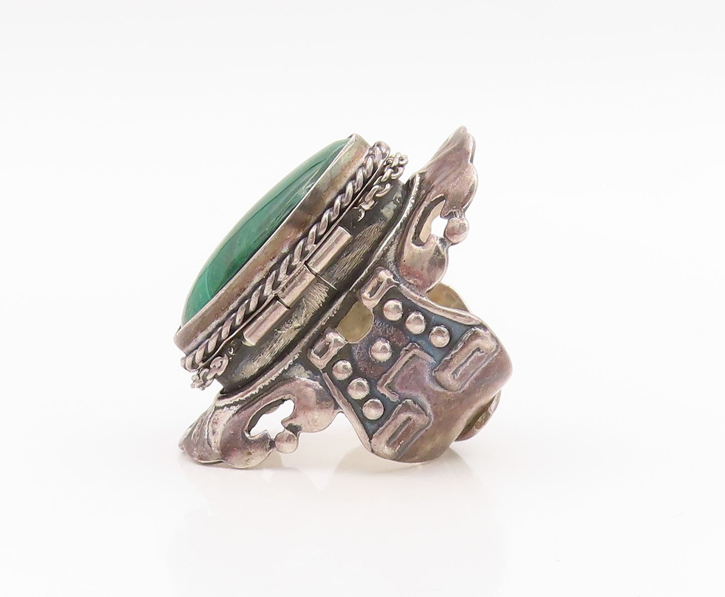 925 Sterling Silver Vintage Ring TAXCO MEXICO Malachite (OPENS)  Sz 6.5  RG35428