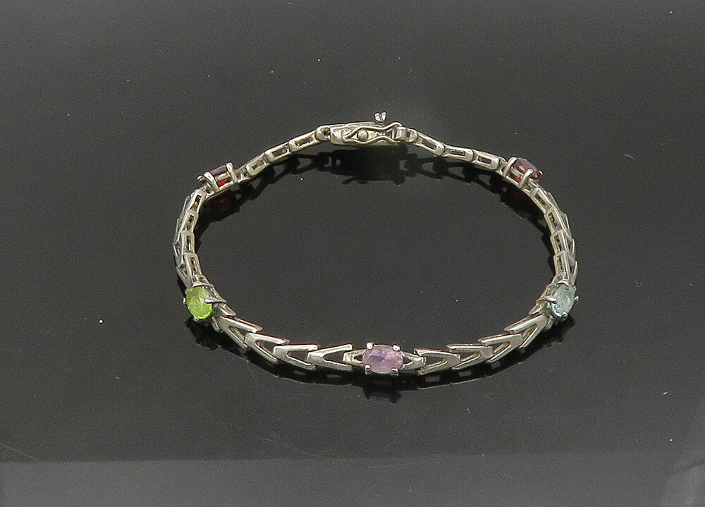 925 Silver  Vintage Peridot Garnet Amethyst & Topaz Chain Bracelet  BT8613