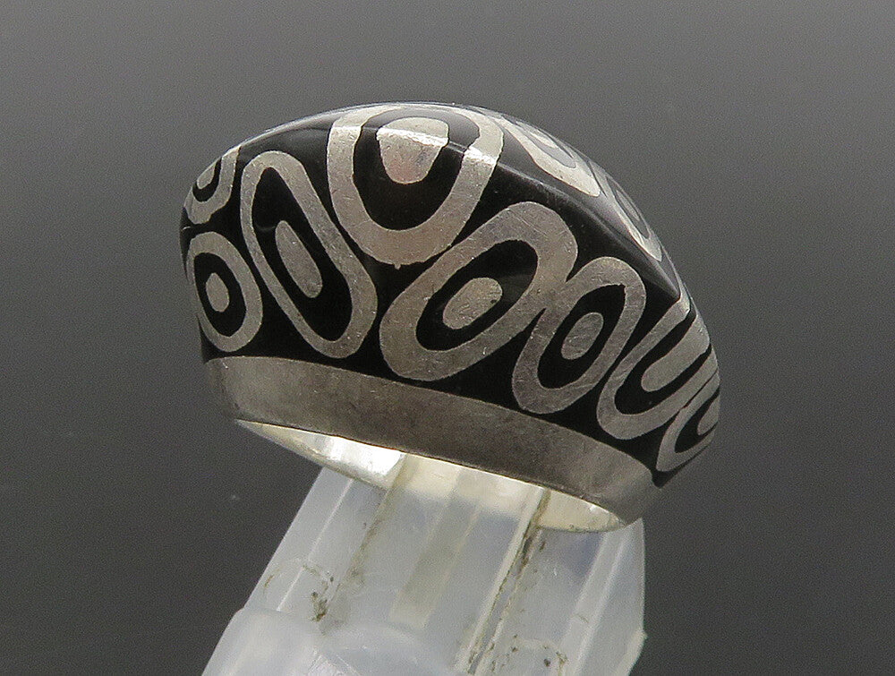 FLLI MENEGATTI 925 Silver  Vintage Black Enamel Dome Band Ring Sz 6  RG24019