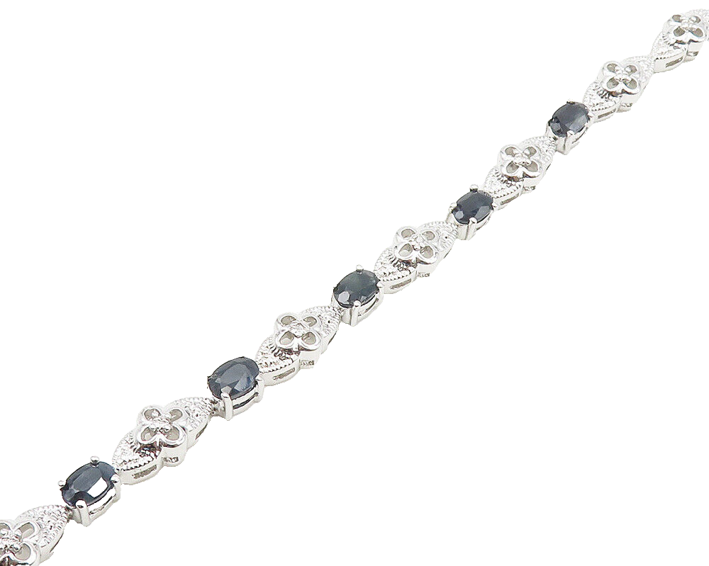 925 Sterling Silver  Genuine Diamond & Sapphire Floral Chain Bracelet  BT7260