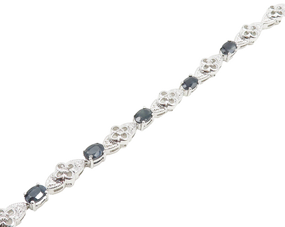 925 Sterling Silver  Genuine Diamond & Sapphire Floral Chain Bracelet  BT7260