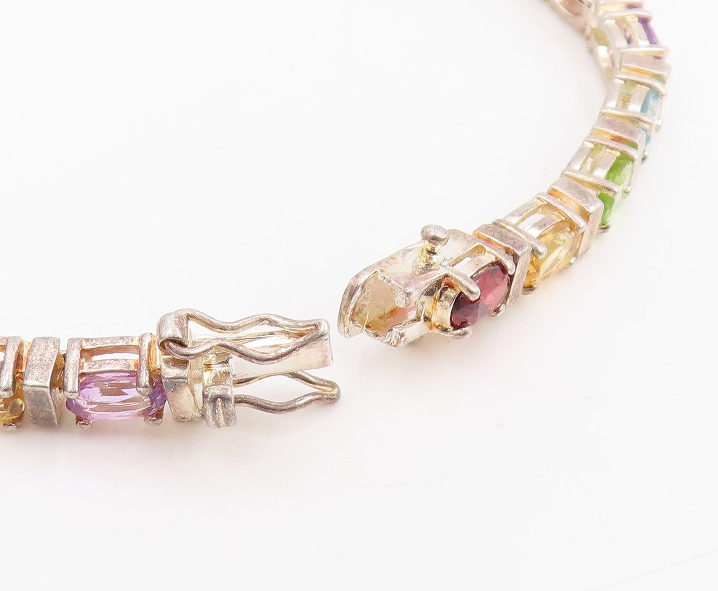 925 Sterling Silver Vintage Bracelet Oval Cut Multi Gemstone Link Chain  BT11461