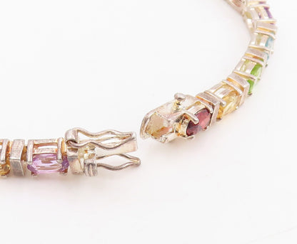 925 Sterling Silver Vintage Bracelet Oval Cut Multi Gemstone Link Chain  BT11461