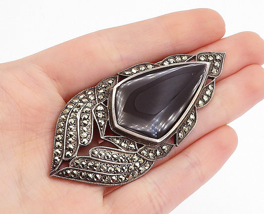925 Sterling Silver  Vintage Inlaid Black Onyx & Marcasite Brooch Pin  BP1640