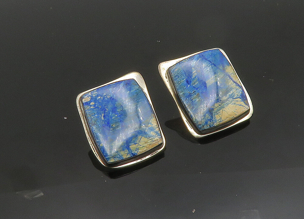 925 Sterling Silver  Vintage Blue Enamel Art Square Drop Earrings  EG9847