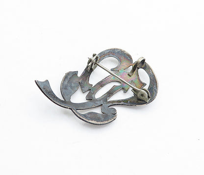 ISRAEL 925 Sterling Silver  Vintage Dark Tone Floral Leaf Brooch Pin  BP1842