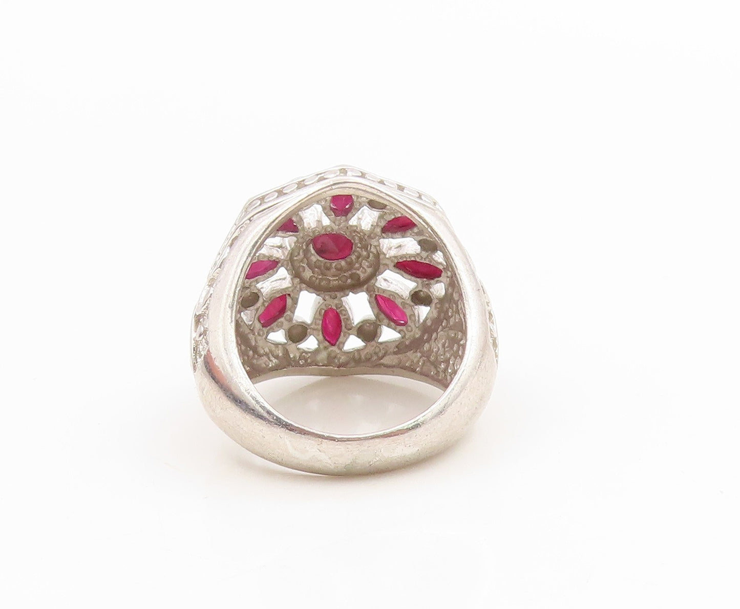 925 Sterling Silver Vintage Ring Ruby Openwork Floral Band  Sz 7.5  RG36168