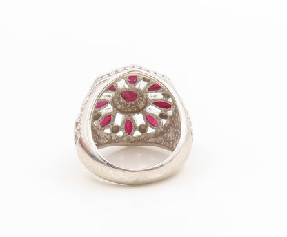 925 Sterling Silver Vintage Ring Ruby Openwork Floral Band  Sz 7.5  RG36168