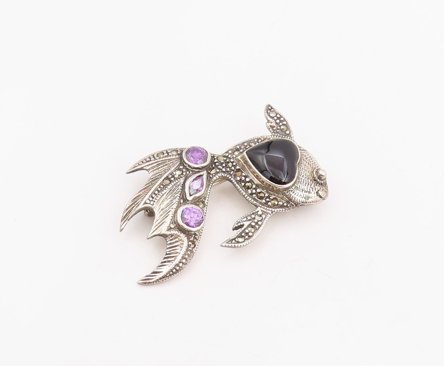 925 Sterling Silver Vintage Brooch Heart Shape Onyx & Amethyst Koi Fish  BP12302