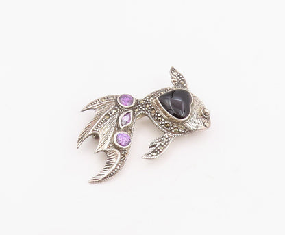 925 Sterling Silver Vintage Brooch Heart Shape Onyx & Amethyst Koi Fish  BP12302