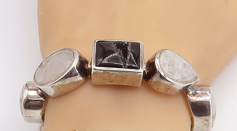 ISHARYA 925 Silver Quartz & Black Agate Multi Shape Cuff Bracelet BT3057