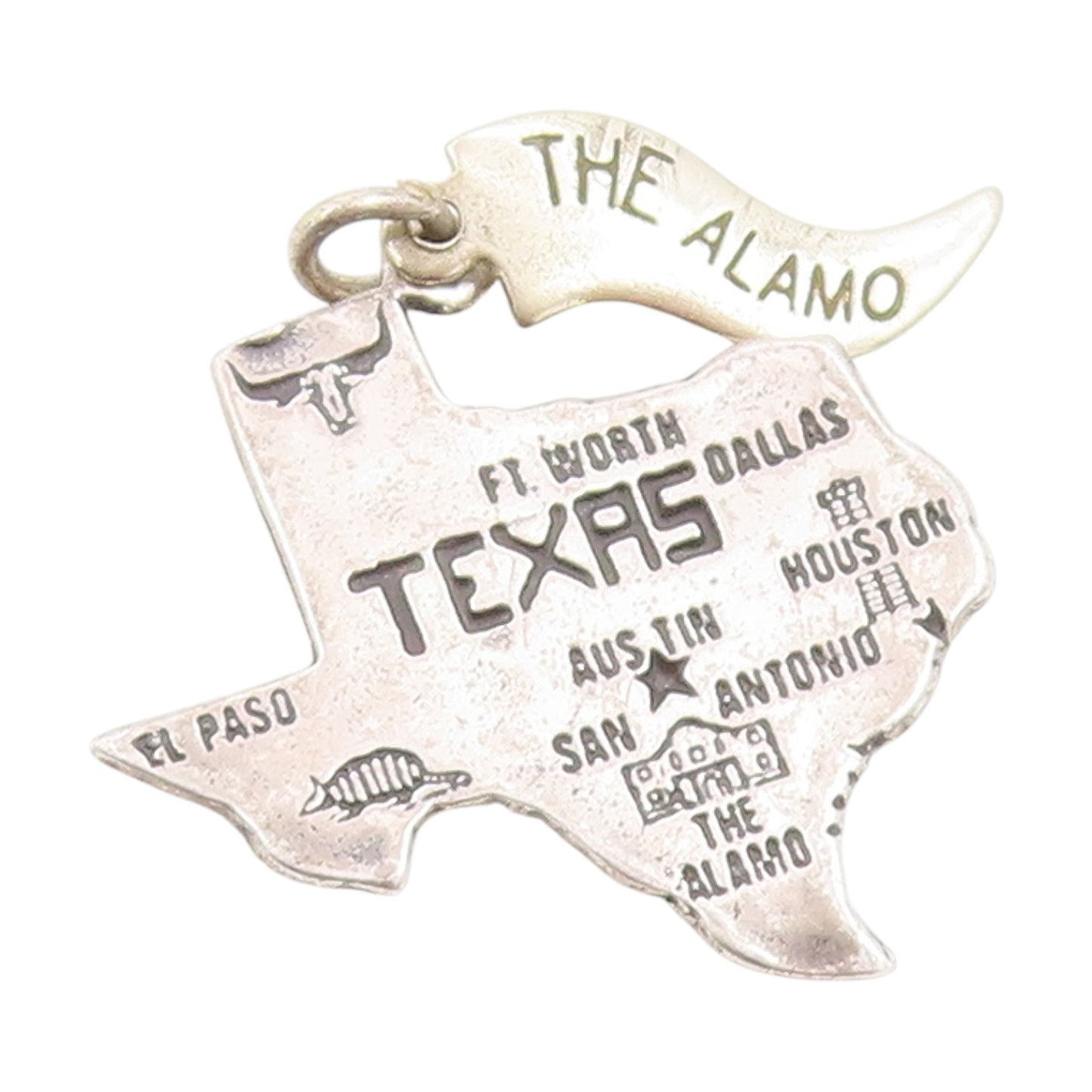 925 Sterling Silver Vintage Pendant Texas State Map With City Engravings PT25394