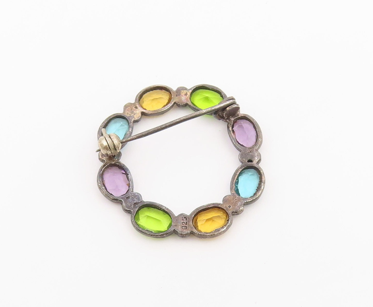 925 Sterling Silver Vintage Brooch Pin Multi Gemstone Circle Wreath  BP12586