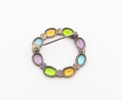 925 Sterling Silver Vintage Brooch Pin Multi Gemstone Circle Wreath  BP12586