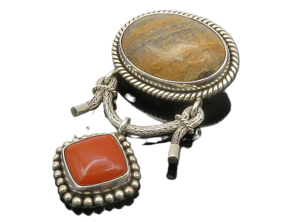BALI 925 Sterling Silver  Vintage Cabochon Cut Jasper Twist Brooch Pin  BP4739